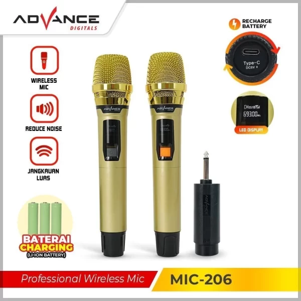 Advance MIC-206 Mic Wireless Murah 2 Mic Mix Karaoke Suara Jernih 500 mAh x3 Bisa Mengisi Daya